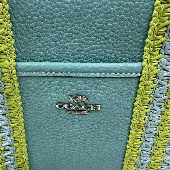 Coach Smith Tote 24 Crossbody In Leather/ Straw Webbing Light Turquoise CBG91 - Picture 3 of 11